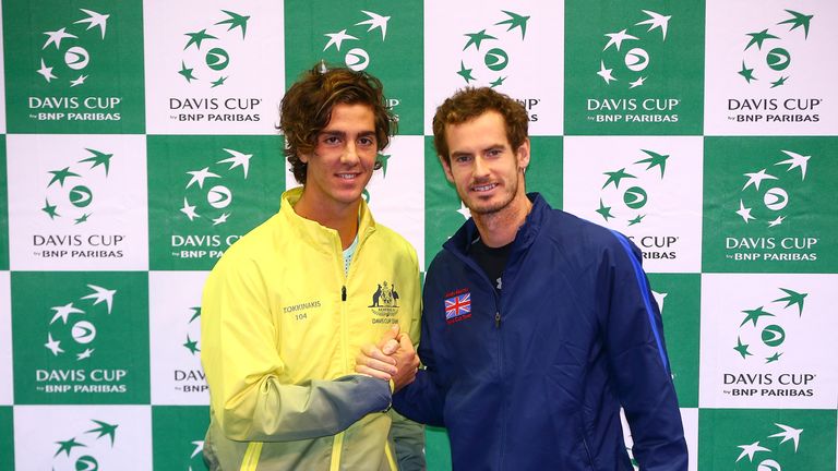 Andy Murray of Great Britain (right) poses for a photo with Thanasi Kokkinakis of Australia (left) at Emirates Arena