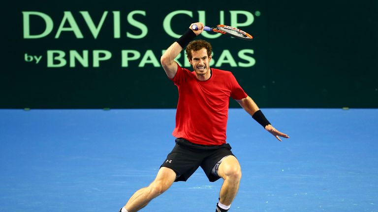 Andy Murray of Great Britain plays a forehand during a practice session at Emirates Arena