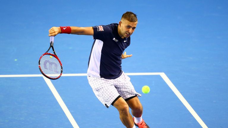 Dan Evans of Great Britain plays a backhand during a practice session at Emirates Arena in Glasgow