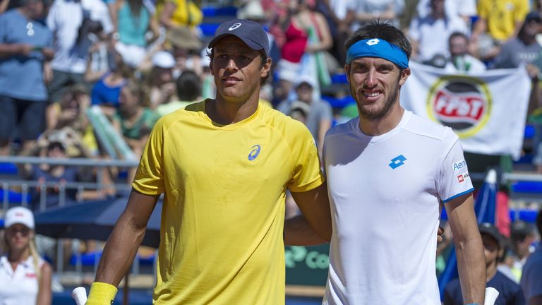 Joao Souza (left) and Leonardo Mayer (right) pose before their Davis Cup World Group first round singles match in Buenos Aires