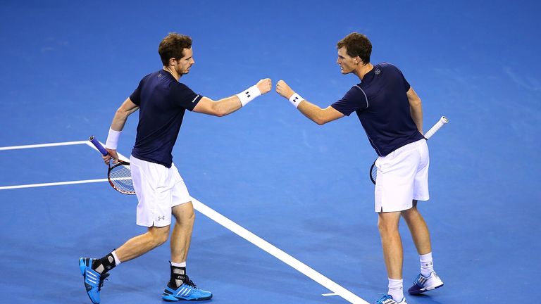 Jamie Murray (right) and Andy Murray of Great Britain celebrate during Day Two of the Davis Cup Semi Final match