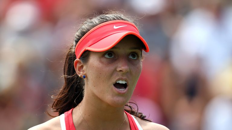 Laura Robson of Great Britain reacts against Elena Vesnina of Russia at the US Open