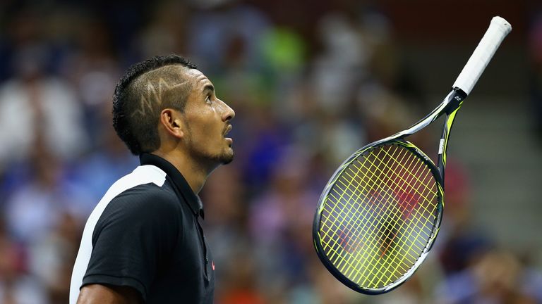 Nick Kyrgios shows his emotions as he throws his racket against Andy Murray at the US Open