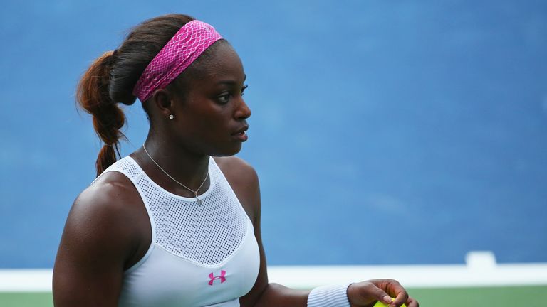 Sloane Stephens looks on during her match against Mona Barthel at the Western & Southern Open in Cincinnati