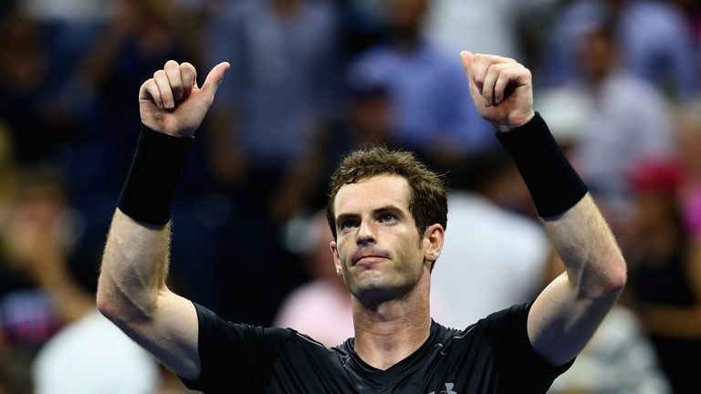 Andy Murray celebrates to the crowd after his four set victory over Nick Kyrgios at the US Open