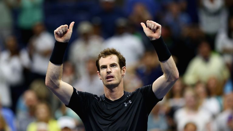 Andy Murray of Great Britain celebrates to the crowd after his straight sets victory against Thomaz Bellucci of Brazil at the US Open