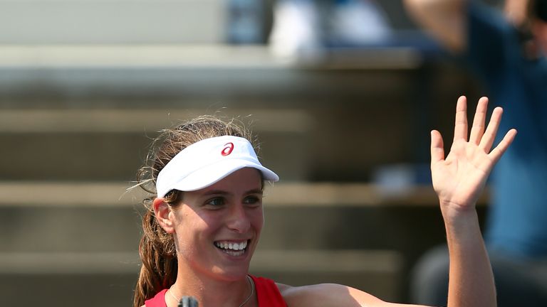 Johanna Konta of Great Britain reacts against Louisa Chirico of the United States at the US Open