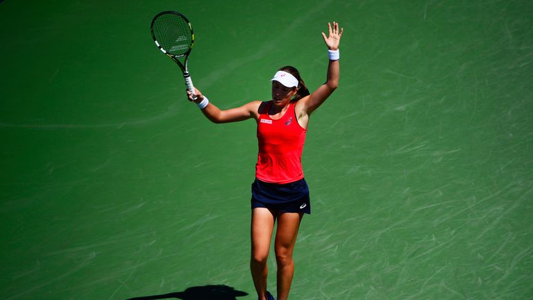 Johanna Konta of Great Britain celebrates after defeating Andrea Petkovic of Germany at the US Open