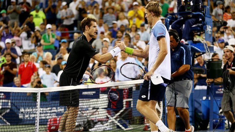 Kevin Anderson (right) of South Africa shakes hands with Andy Murray of Great Britain at the US Open