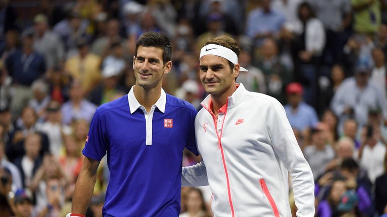 Novak Djokovic and Roger Federer pose before their 2015 US Open Men's singles final