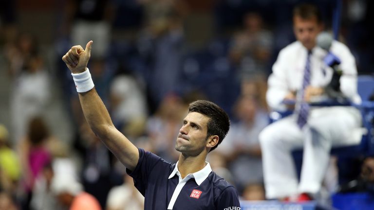 Novak Djokovic of Serbia celebrates after defeating Feliciano Lopez of Spain during the US Open