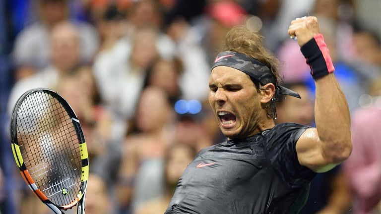 Rafa Nadal of Spain celebrates a point while playing Fabio Fognini of Italy during the 2015 US Open
