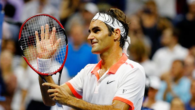 Roger Federer of Switzerland celebrates after defeating Richard Gasquet of France during the US Open