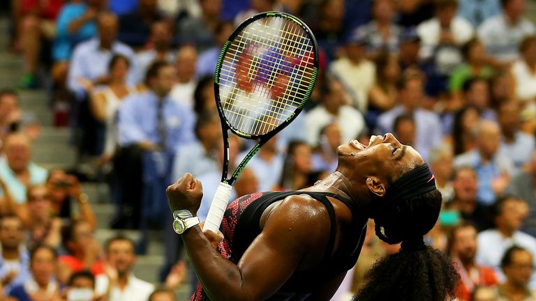 Serena Williams celebrates after defeating Venus Williams in their US Open quarter-final