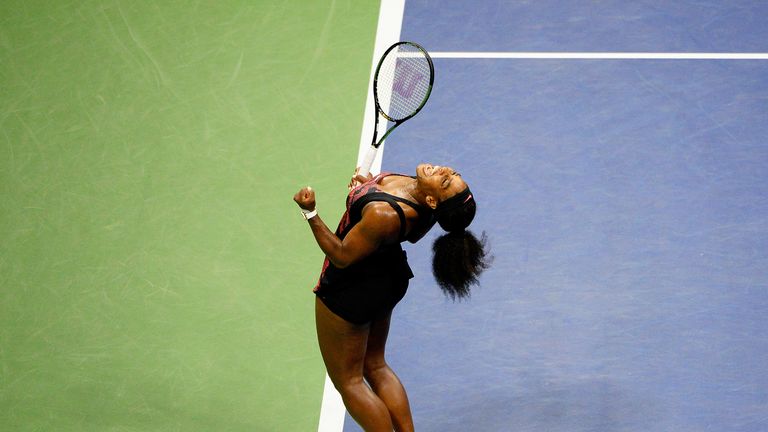 Serena Williams celebrates after defeating Venus Williams at the US Open