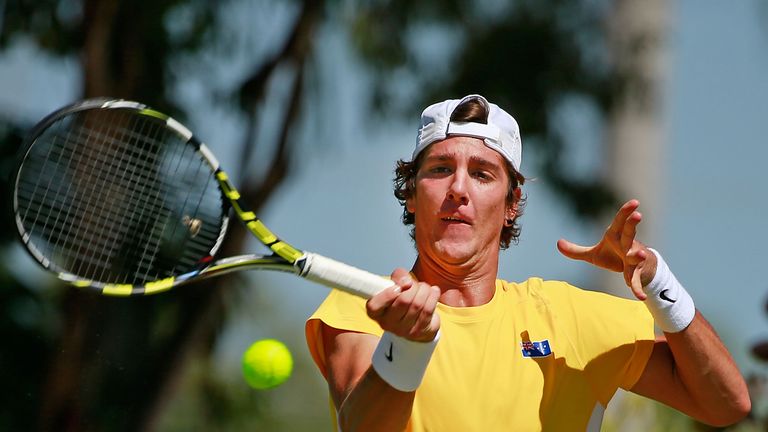 Thanasi Kokkinakis of Australia plays a forehand in his singles match against Mikhail Kukushkin of Kazakhstan during day one of the Davis Cup tie