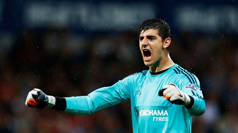 Thibaut Courtois of Chelsea celebrates the opening goal scored by Pedro at West Brom, Premier League
