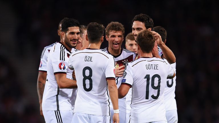 Thomas Mueller of Germany celebrates scoring his teams opening goal 