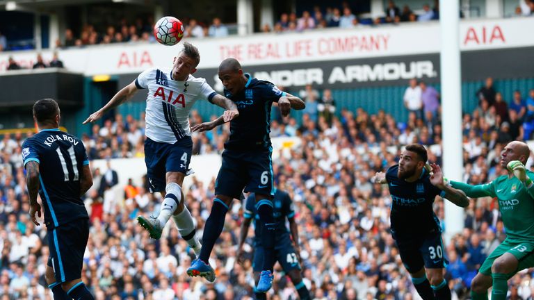 Toby Alderweireld of Tottenham scores his team's second goal 