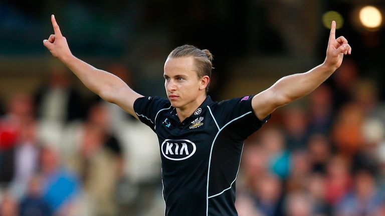 Tom Curran celebrates after bowling the final delivery for Surrey to win the Royal London One-Day Cup Semi Final