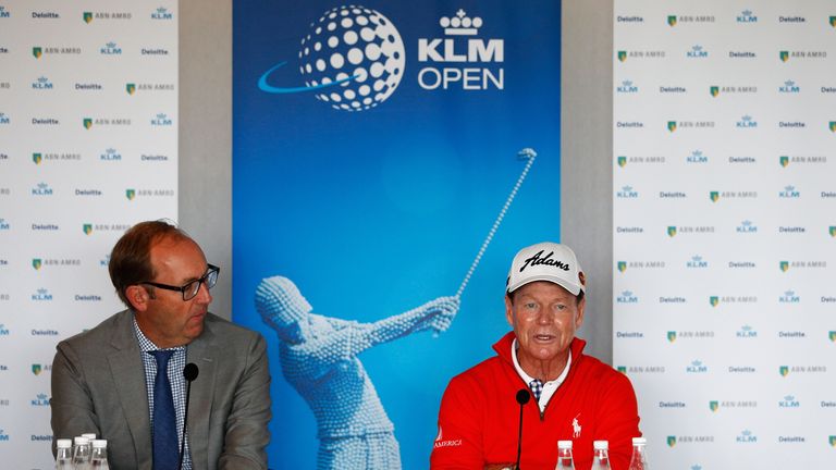 Tom Watson (R) of USA and Daan Slooter (L), Tournament Director speak to the media prior to the KLM Open