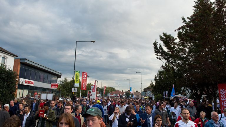 England rugby fans arrive at Twickenham Stadium ahead of the World Cup opening ceremony