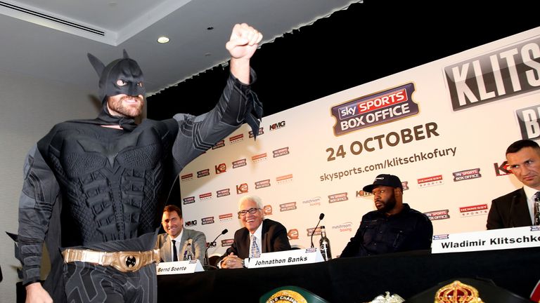 Tyson Fury arrived dressed as Batman for an explosive press conference a month out from his fight with Wladimir Klitschko