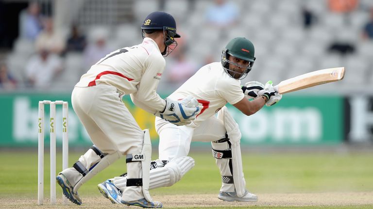 Umar Akmal of Leicestershire bats during the LV County Championship division two match between Lancashire and Leicestershire