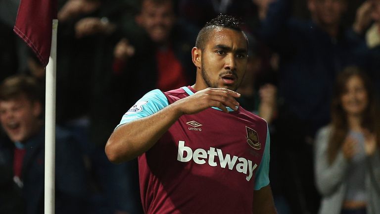 Dimitri Payet of West Ham United celebrates scoring the opening goal