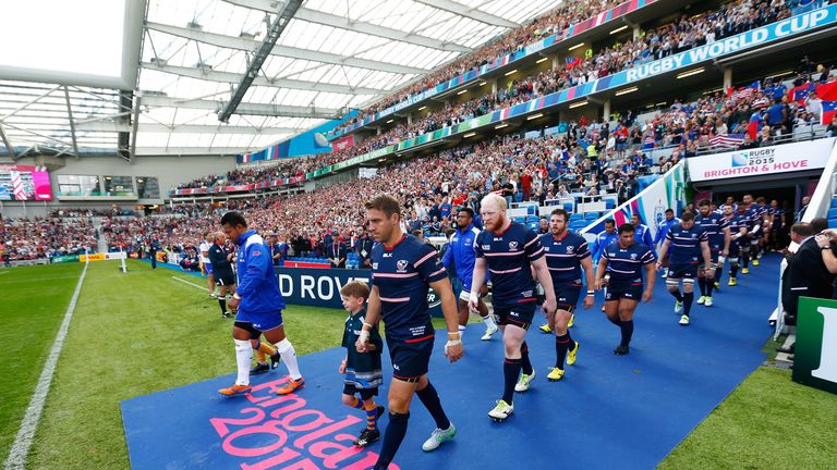 The teams walk out for the 2015 Rugby World Cup Pool B match between Samoa and USA at Brighton Community Stadium