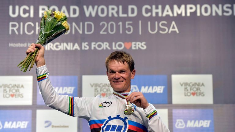 Vasil Kiryienka (Belarus) on the podium after winning the Mens TT at the 2015 UCI World Championships