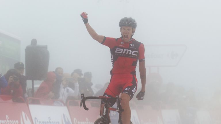 BMC's Italian cyclist Alessandro de Marchi celebrates winning the 14th Stage of the 2015 Vuelta Espana cycling tour, a 215km
