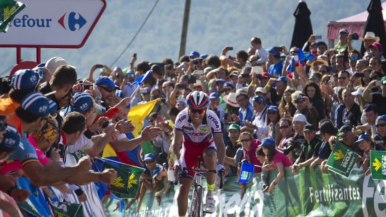 Katusha's Spanish cyclist Joaquin Rodriguez rides to the finish line to win the 15th Stage of the 2015 Vuelta Espana cycling tour