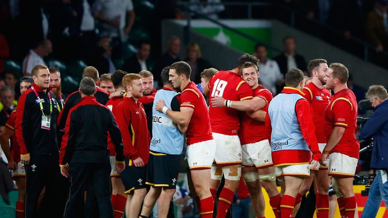 Wales players celebrate victory after the 2015 Rugby World Cup Pool A match between England and Wales at 