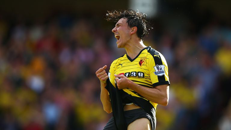 Watford's Steven Berghuis celebrates after the Barclays Premier League match between Watford and Swansea City
