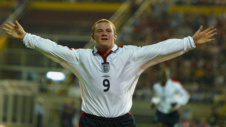 Wayne Rooney celebrates his first England goal v Macedonia, Euro 2004 qualifying, 6 September 2003