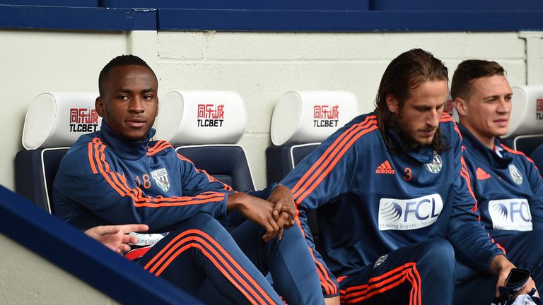 Saido Berahino of West Bromwich Albion looks on from the bench during the Barclays Premier League match between Wes