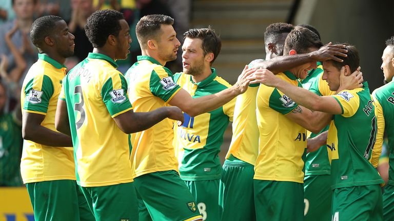 Wes Hoolahan of Norwich celebrates scoring his team's second goal