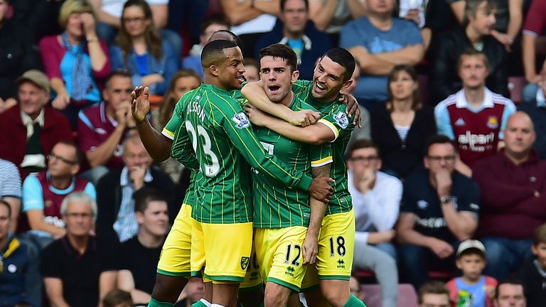 Robbie Brady celebrates Norwich's first goal