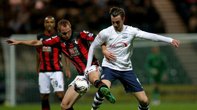 Preston North End's Will Keane (right) and AFC Bournemouth's Shaun MacDonald battle for the ball 