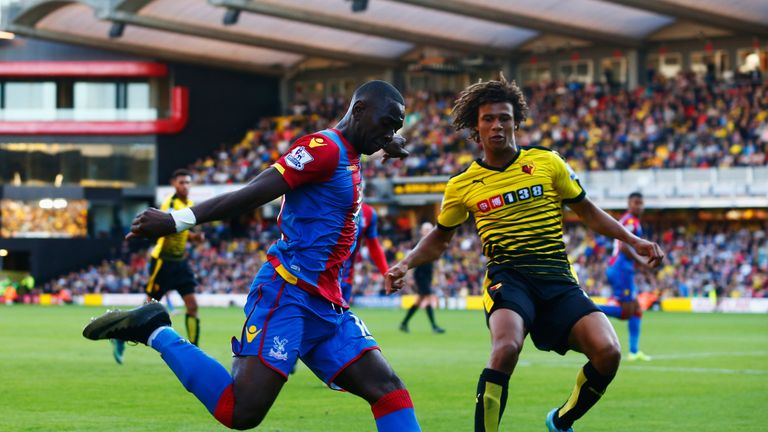 Yannick Bolasie of Crystal Palace is challenged by Nathan Ake of Watford