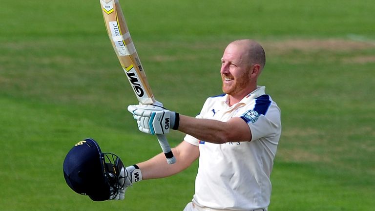 Andrew Gale of Yorkshire celebrates his century 