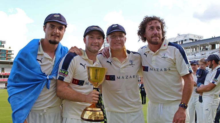 Yorkshire's Jack Brooks, Adam Lyth, Gary Ballance and Ryan Sidebottom with the LV County Championship Trophy 