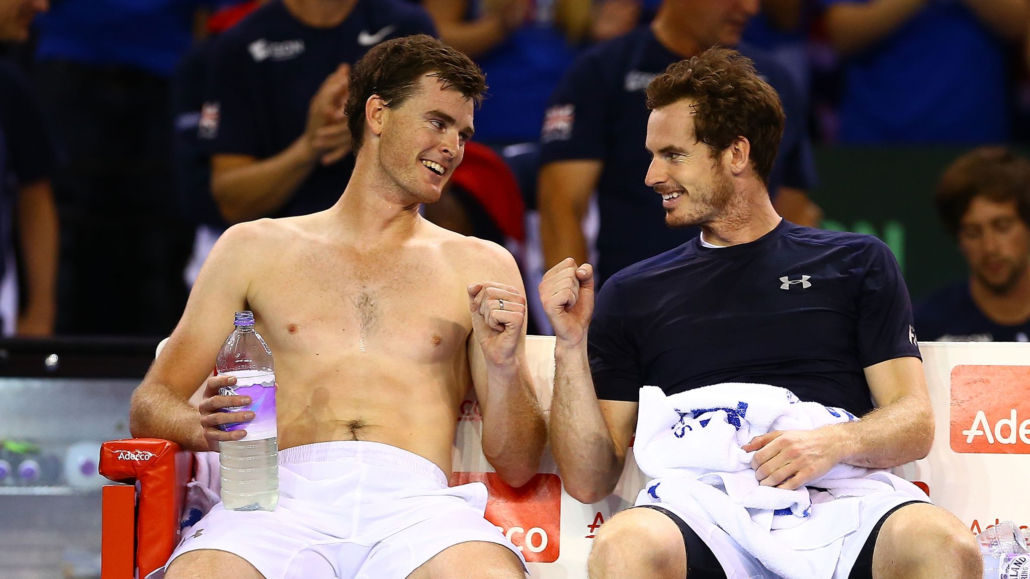 Andy Murray and Jamie Murray feature in doubles action at the Davis Cup