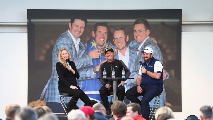 Di Dougherty, Soren Kjeldsen and Shane Lowry take part in a Q&A session at the British Masters
