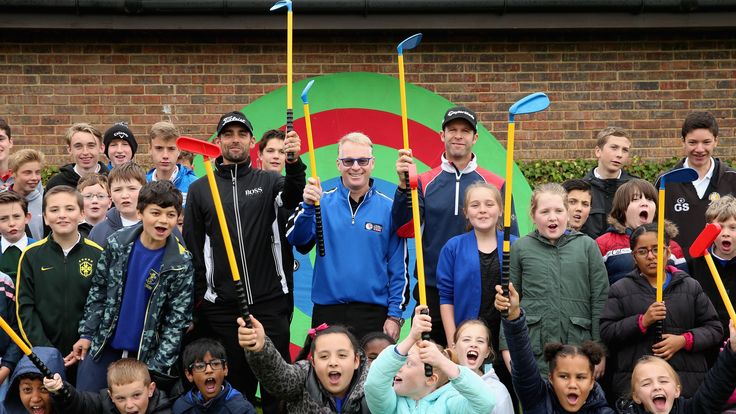 Keith Pelley is flanked by Lee Slattery and Bradley Dredge at Woburn for the Golf Foundation’s Street Golf Festival  