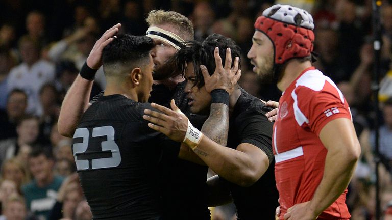 New Zealand celebrate after one of Julian Savea's tries