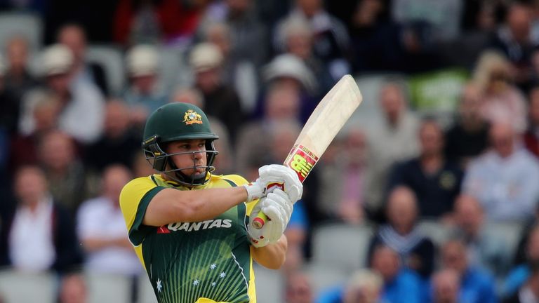 MANCHESTER, ENGLAND - SEPTEMBER 13: Aaron Finch of Australia hits out during the 5th Royal London One-Day International match between England and Australia