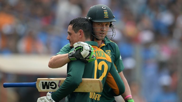 South Africa centurions Quinton de Kock and AB de Villiers  embrace