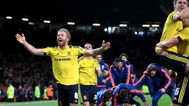 Middlesbrough's Adam Clayton celebrates winning the penalty shootout with teammates following the Capital One Cup, Fourth Round match at Old Trafford